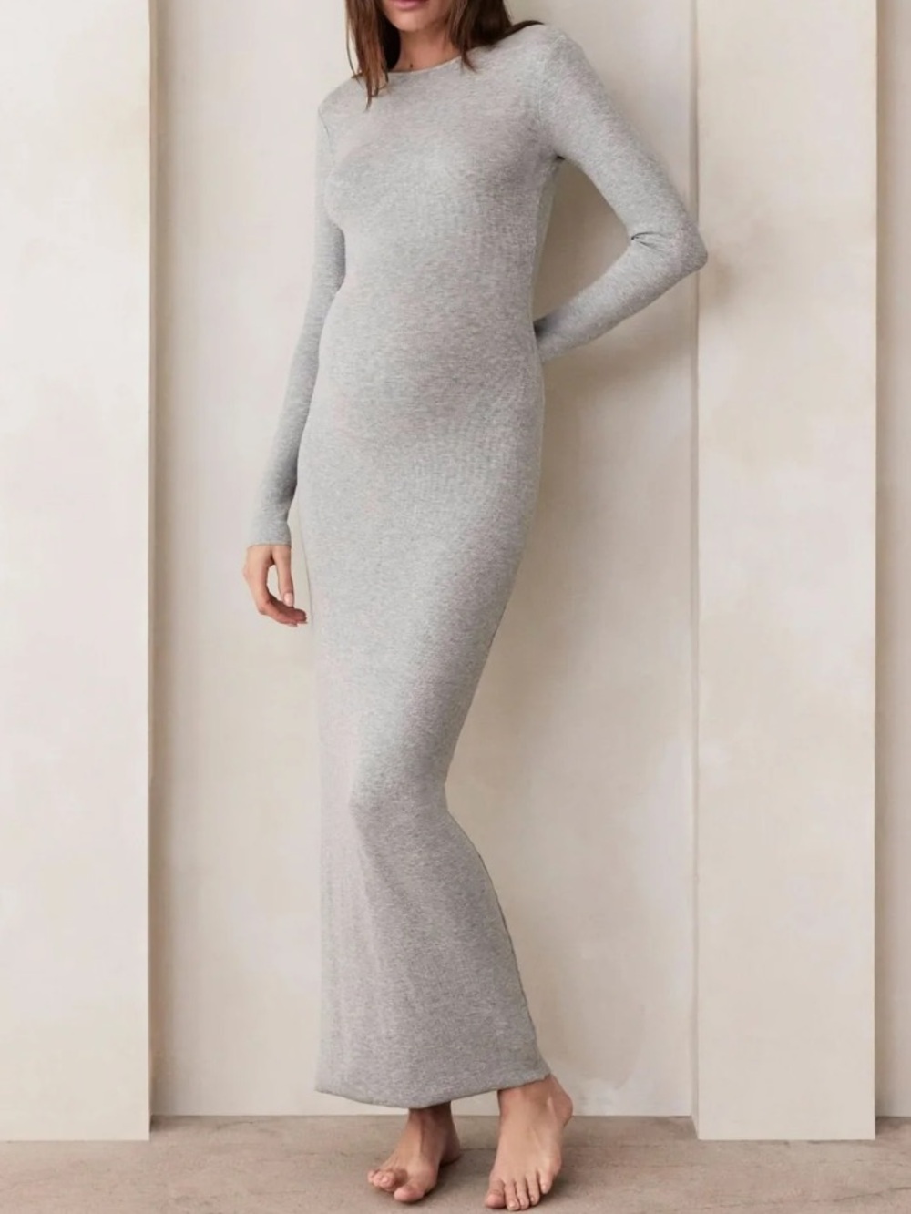 Bumpsuit Gray Soft Rib Long Sleeve Maternity Maxi Dress XS